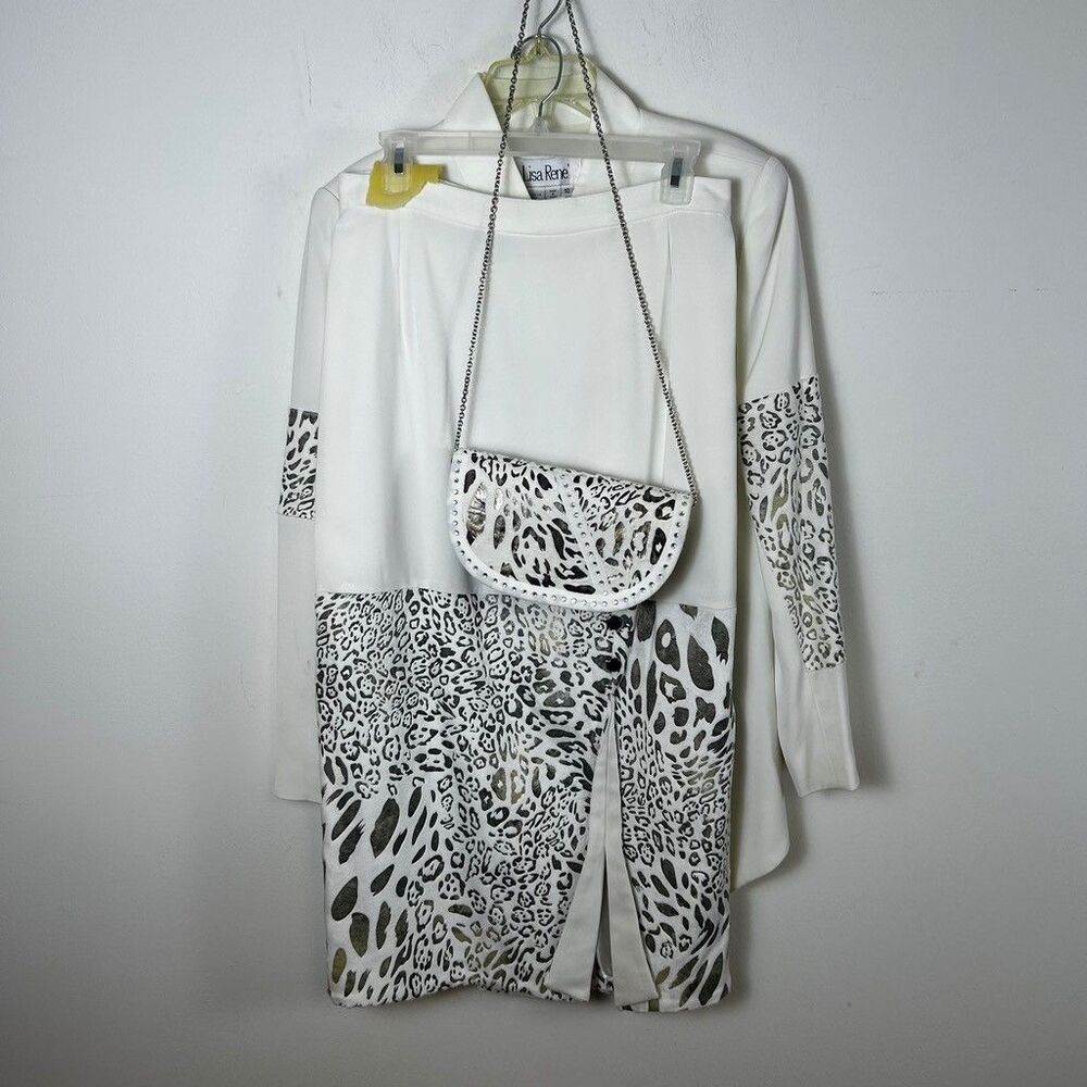 Lisa Rene Womens Skirt Suit Set Size 10 White Animal Print Blazer Skirt Purse